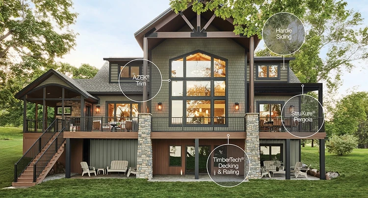Home built with products that span the James Hardie house of brands, labeled: AZEK Trim, Hardie Siding, StruXure Pergola, and TimberTech decking & railing