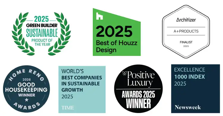 7 awards recently won by TimberTech. Good House Keeping Winner, 2025 Best of Houzz Design, Positive Luxury awards 2025 winner, TIME's world's best companies in sustainable growth 2025, 2025 Green Builder sustainable product of the year, Architizer A+ products Finalist 2025, Newsweek Excellent 1000 Index 2025