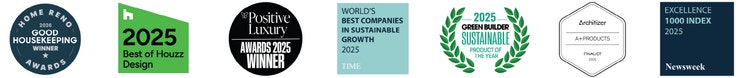 7 awards recently won by TimberTech. Good House Keeping Winner, 2025 Best of Houzz Design, Positive Luxury awards 2025 winner, TIME's world's best companies in sustainable growth 2025, 2025 Green Builder sustainable product of the year, Architizer A+ products Finalist 2025, Newsweek Excellent 1000 Index 2025