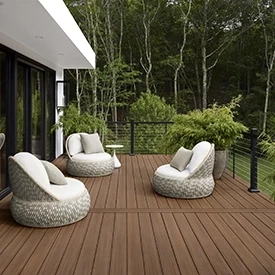 Brown deck with three matching wicker lounge chairs