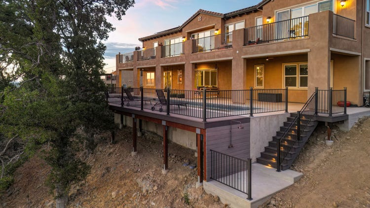Deck featuring deck stairs elevation, Fortress powder-coated steel louvered pergola, Blaze outdoor kitchen with Dark Hickory cladding, and linear gas fire pit. Built by Stone Ridge Decking, a custom deck builder serving El Dorado Hills, Folsom, Lake Tahoe, Auburn, Sacramento, Grass Valley, Cameron Park, and surrounding Northern California communities. https://stoneridgedecking.com