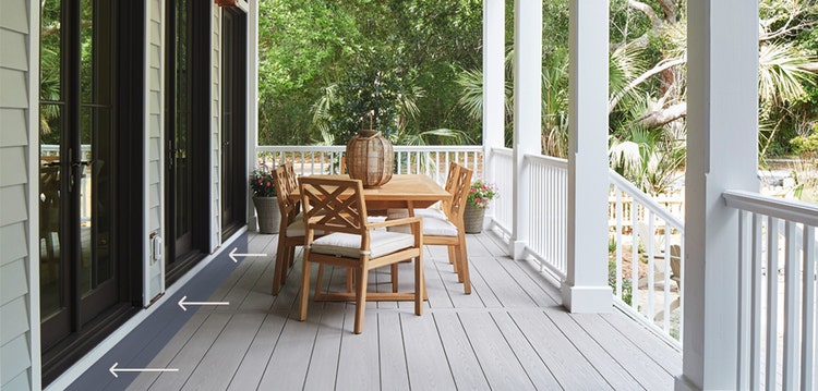 A photo of an attached deck includes a gray highlight and arrows to show where a ledger board connects the home’s foundation and deck.