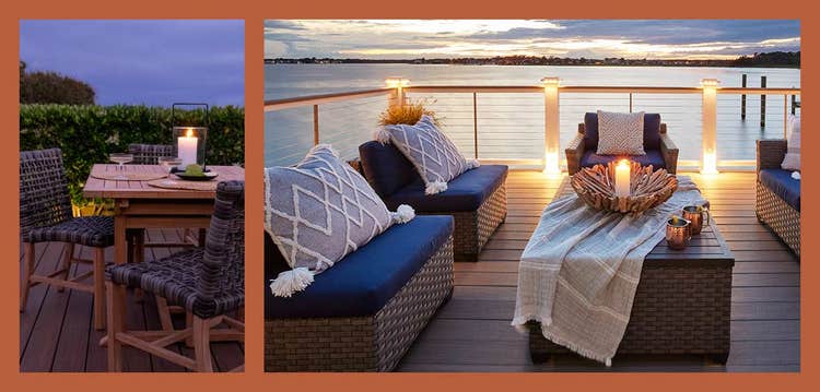 Two photos show pillar candles ideas with one in a lantern on top of a dining table, and the other as part of a coffee table centerpiece.