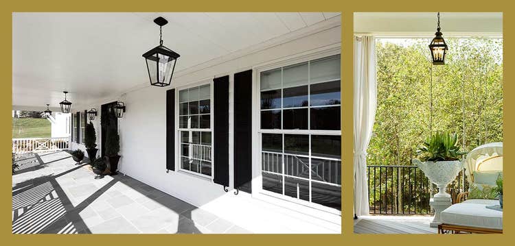 Two photos display a black lantern hanging from a patio roof while one is lit and the other is off.