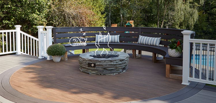Black curved deck has a built-in bench along the perimeter in place of railings.