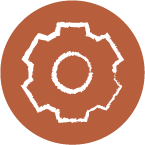 Illustrated icon of a gear indicating function.