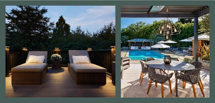 A collage shows lounge chairs at dusk with rail lights glowing, and a poolside dining set in the day with a hanging light fixture above.