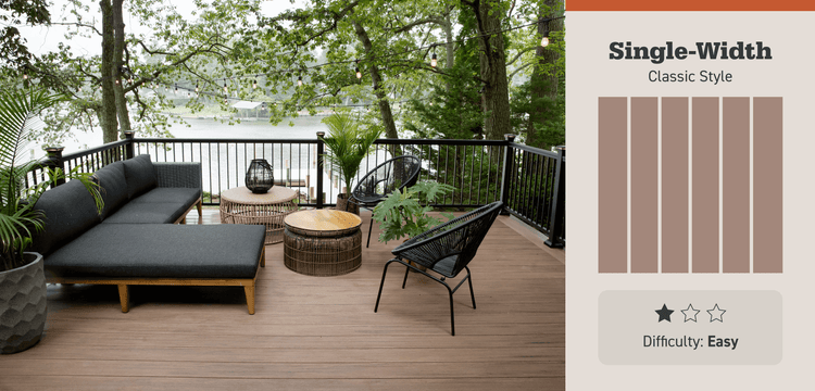 A photo of a deck with single-width bards and black furniture sits next to an illustration of a single-width pattern and pattern details.