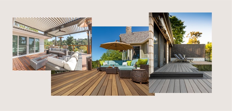 A moodboard shows a raised deck, shade umbrella, and privacy wall separating outdoor living from distractions.