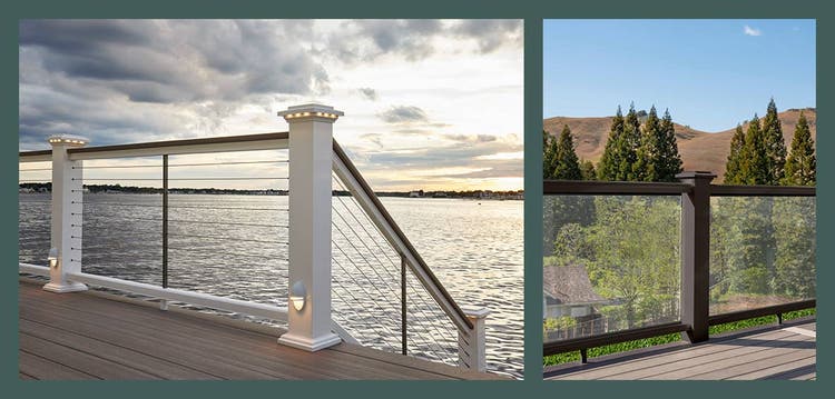 Side-by-side photos showcase railing materials and styles, including cable and glass infills, top rail variations, and lighting options.