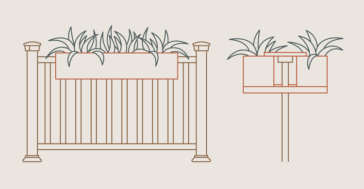 The complete planter is shown from a front view on railing and a side view that shows how the braces connect the two boxes.