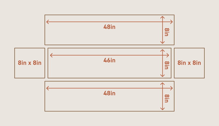 Three boards and two squares are illustrated in the shape of a deconstructed railing planter with suggested measurements.