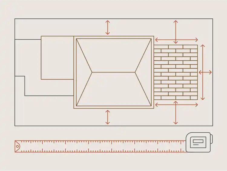 An illustrated site plan shows a property from overhead with a home, driveway, and deck, and measurements between structures and property lines.