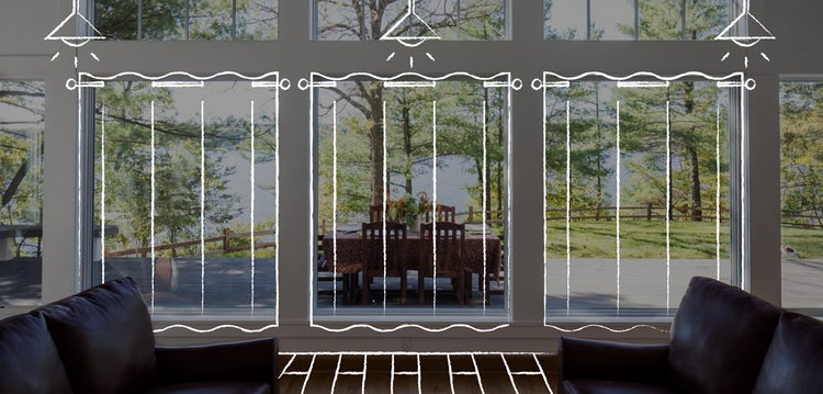 Large windows look out onto a patio and illustrations show interior home projects, like new curtains and flooring.
