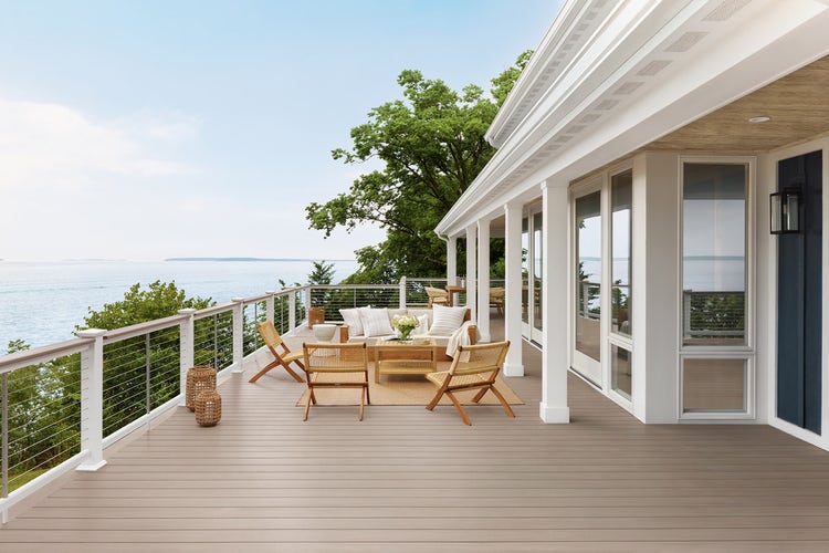 Waterfront property with gray deck