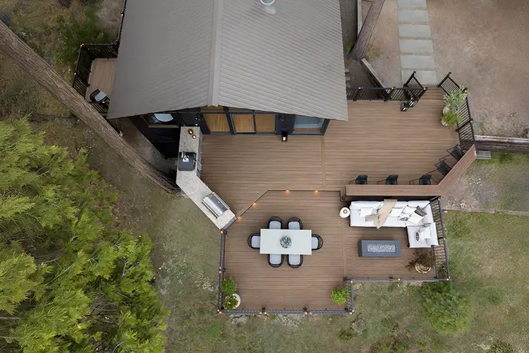 Aerial view of the deck shows two distinct outdoor living areas on the deck