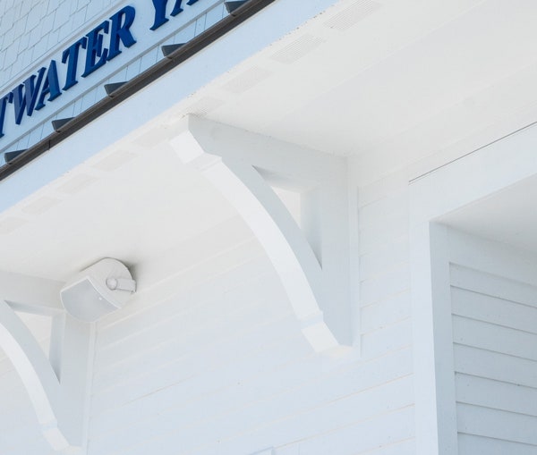 A close-up of the white PVC trim at the Pentwater Yacht Club, offered by the Azek Exteriors line.