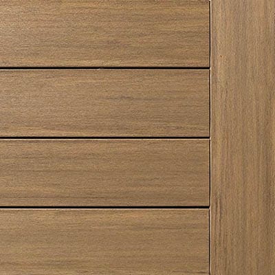 Four golden warm brown boards aligned in the order of a swatch from the Azek Vintage Collection in the shade of Weathered Teak.