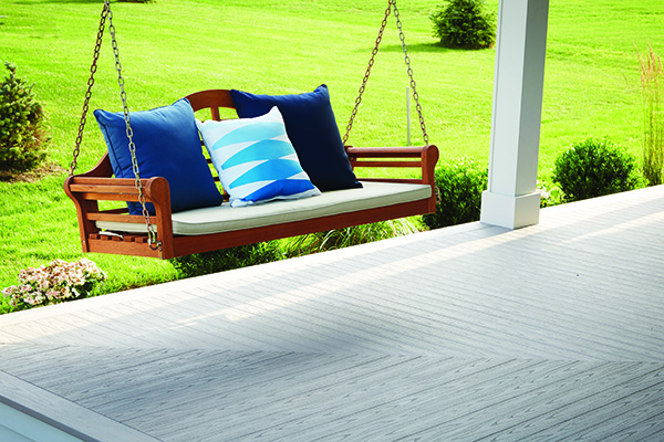Front porch project featuring TimberTech AZEK Harvest Collection in Slate Gray with Porch Swing