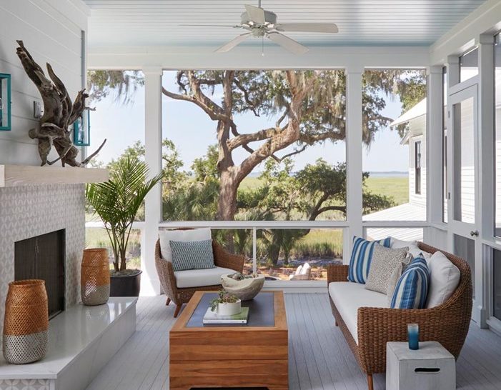 enclosed porch featuring TimberTech Porch Collection in Oyster with outdoor living area