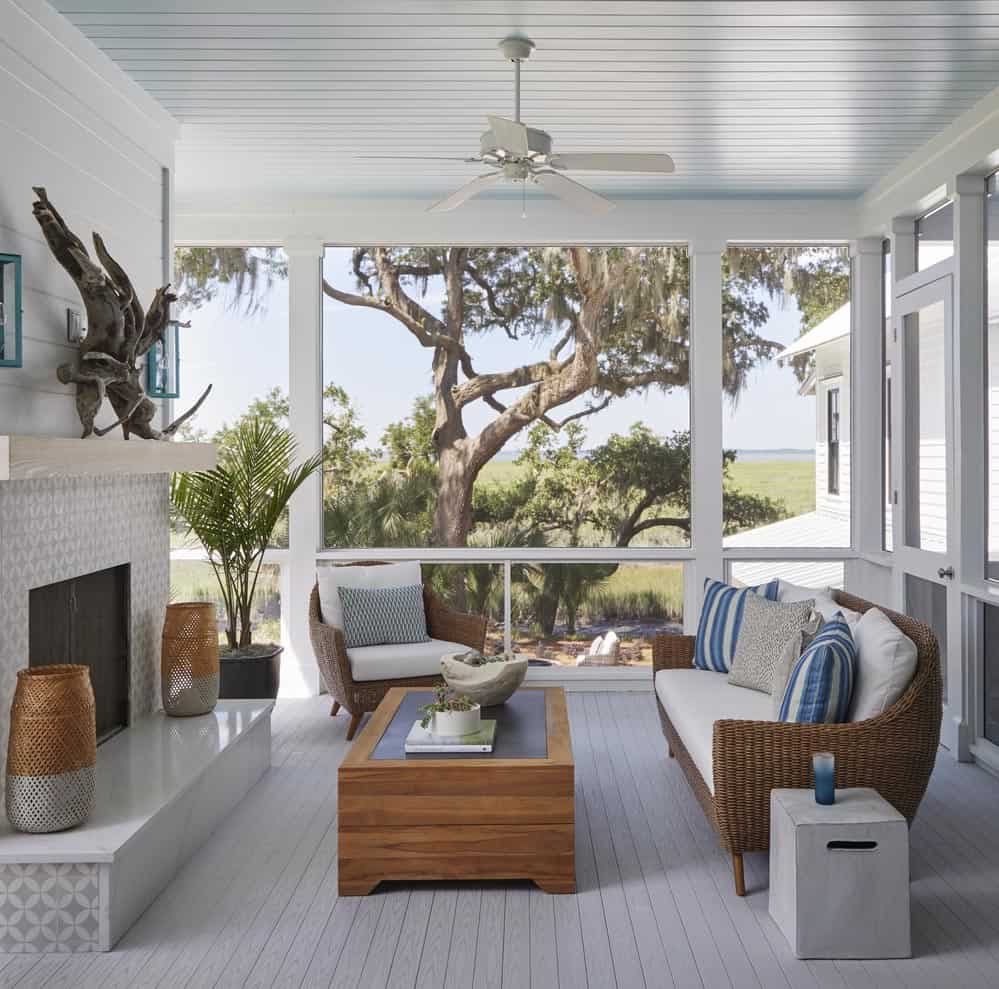 enclosed porch featuring TimberTech Porch Collection in Oyster with outdoor living area