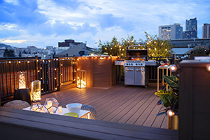 Outdoor Fall Decor Ideas String Lights Featuring TimberTech AZEK Vintage Collection Mahogany