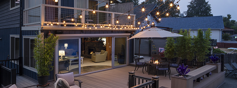 TimberTech-AZEK-Vintage-Collection-Coastline-Dark-Hickory-Premier-Rail-Deck-Lights Deck Lights featuring TimberTech AZEK Vintage Collection in Coastline & Dark Hickory