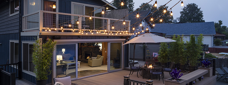 TimberTech Holiday Deck AZEK Vintage Collection Coastline Dark Hickory Premier Railing TimberTech Holiday Deck String Lights
