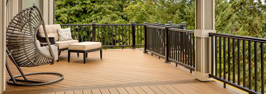TimberTech-PRO-Legacy-Collection-tigerwood-mocha-radiancerail-express Alpine deck featuring glider and TimberTech PRO Legacy Collection Tigerwood
