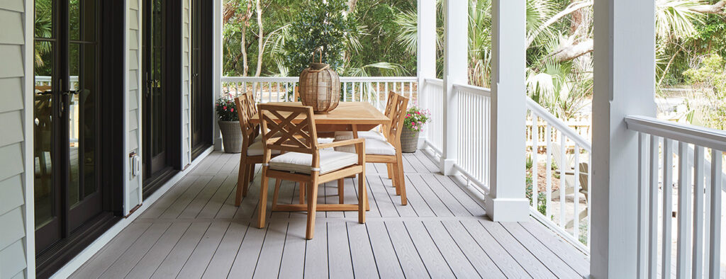 Backyard Porch ideas TimberTech Porch AZEK Harvest Slate Gray & White Premier Rail