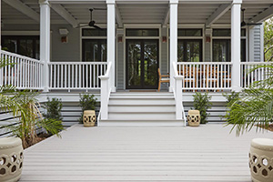Gray composite decking featuring Southern-style porch with TimberTech AZEK Harvest Collection Slate Gray
