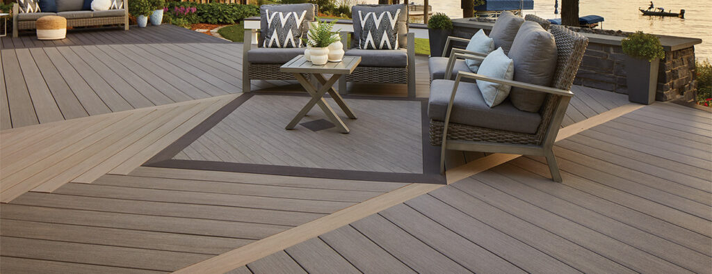 Herringbone deck pattern featuring TimberTech AZEK Vintage Collection Coastline Dark Hickory