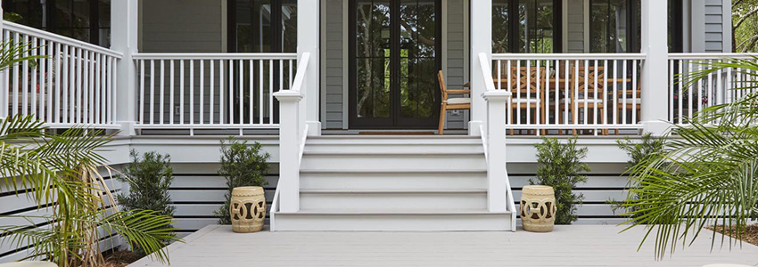 Two-level TimberTech Porch in Slate Gray & Classic Composite Series Premier Rail in White