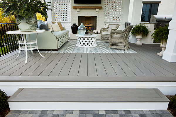 TimberTech Porch in Coastline with Fireplace & TV