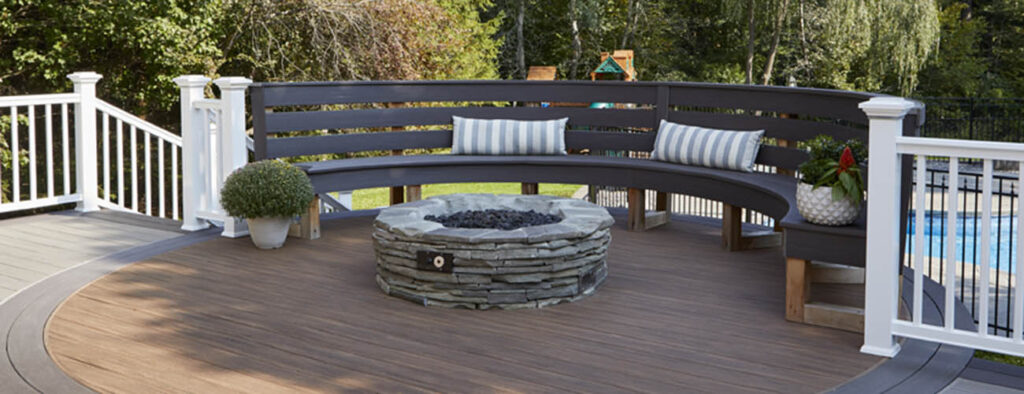Creative Deck Ideas Featuring TimberTech AZEK Vintage Collection in Coastline Mahogany Dark Hickory with firepit