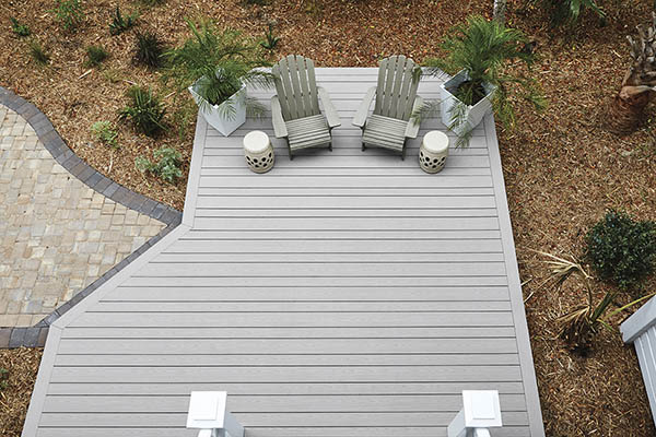 Deck patterns with borders picture frame platform deck made from TimberTech AZEK Harvest Collection decking in Slate Gray