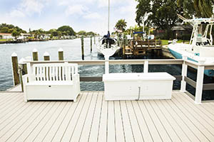 Heat resistant composite decking dockside featuring TimberTech AZEK Harvest Collection in Slate Gray