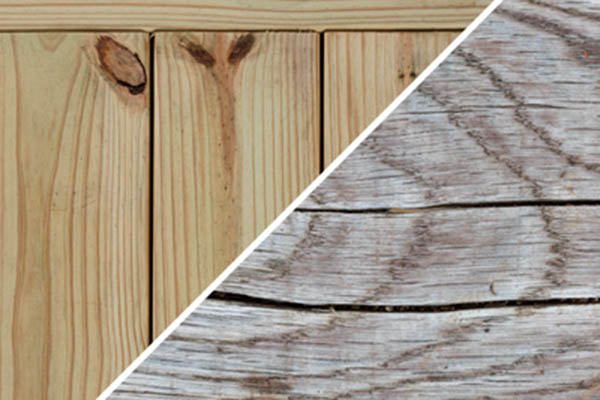 Composite image of new pressure-treated pine boards with a distressed board