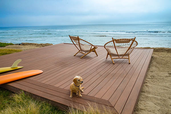 Picture frame composite deck featuring TimberTech AZEK Vintage Collection in Mahogany on the beach with dog