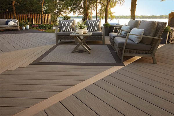 TimberTech AZEK Vintage Collection Coastline & Dark Hickory Multi-Width diamond & herringbone inlay Deck