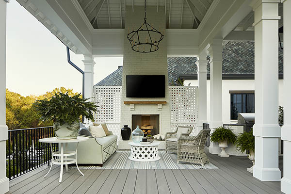 Custom decks featuring TimberTech AZEK Vintage Collection Coastline & Porch Boards With Outdoor Electronics