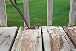 Wood decks may feature rusted or loose fasteners