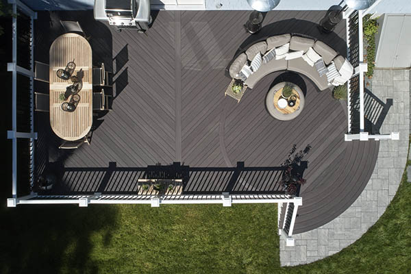 Overhead view of a composite deck with curved stairs