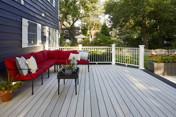 Modern deck designs with bright pops of color in outdoor furniture