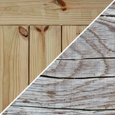 Composite image of new pressure-treated pine boards with a distressed board