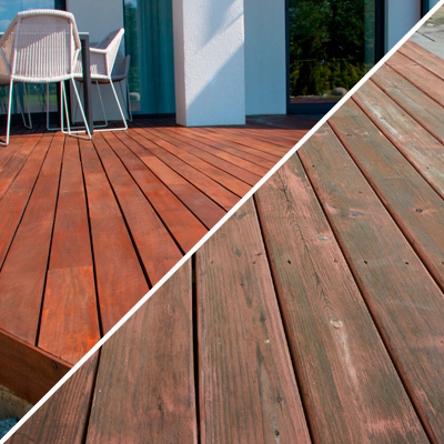 Composite image of new Ipe wood deck and distressed wood decking