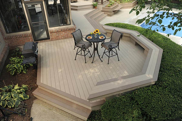 Deck bench ideas on octagon-shaped poolside deck