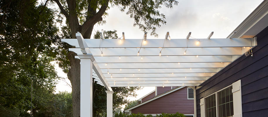 Partially covered deck ideas with white pergola