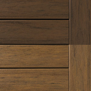 Capped composite decking swatch featuring Dark Roast and Antique Leather