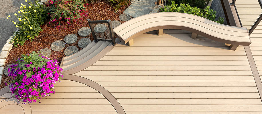 Two tone deck color schemes and deck color combinations on garden-side deck